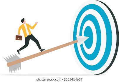 Business achievement, improvement goal, success target or career growth concept, confident businessman and businesswoman working team running up archer arrows which hitting bullseye target.
