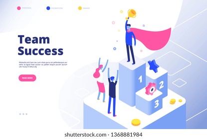 Business achievement isometric concept. Best businessman award recognition employee competition winner team goal vector background