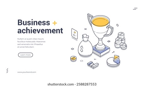 Business achievement modern isometric line art web banner template. Trophy surrounded by financial symbols like coins, a money bag, and charts. It emphasizes achievement and success in business