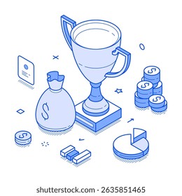 Business achievement productivity and financial efficiency management minimalist isometric vector illustration. Company success marketing solution optimization profit wealth money investment analyzing