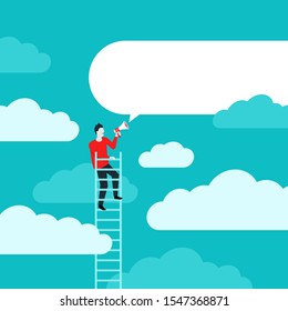Business achievement - Public speaker or leader vector concept. Human speaking through megaphone on a ladder. Motivation, challenge, ambition concept