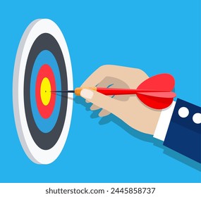 Business achievement, success concept. Businessman holding dart hitting the target. Aim in business. Vector illustration in flat style