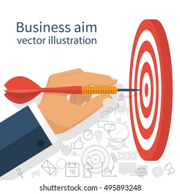 Business achievement, success concept. Businessman holding dart hitting the target. Aim in business. Vector illustration flat design.