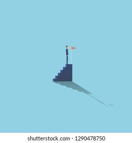 Business achievement and success vector concept with businessman standing on top of stairs. Symbol of completing plan, reaching goals and milestones. Eps10 vector illustration.