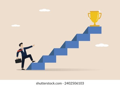 Business achievement, target success or career growth concept, ambitious confident businessman climbing the ladder to the point of success.