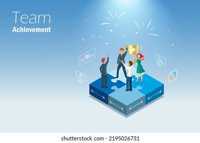 Business achievement, teamwork collaboration and partnership success. Businessman team hold trophy cup on connected digital jigsaw puzzles. Strategy planning and success goal target. 