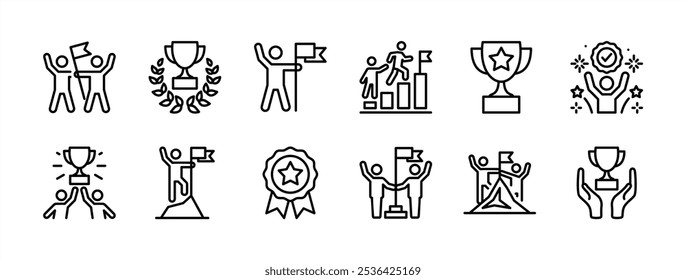 Business achievement thin line icon set. Containing award, winner, reward, trophy, goal, success, victory, growth, mountain peak, teamwork, career, celebration, accomplishment, triumph. Vector