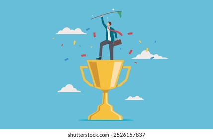 Business achievement. triumph or award winning, accomplishment for leadership success. Businessman proudly holds flag while standing on gold trophy. Suitable for showcasing success, leadership, awards