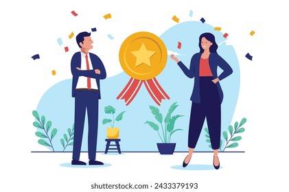 Business achievement - Two businesspeople with award medal for great work and quality, smiling and feeling successful. Corporate flat design vector illustration with white background