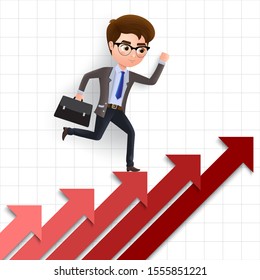 Business achievement vector character concept. Male business character climbing and running up stairs in red arrow for career achievement. Vector illustration.