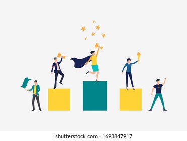 Business achievement vector illustration. People standing on podium, people supporting them. Business result concept.Vector illustration can be used for topics like competition, achievement, success