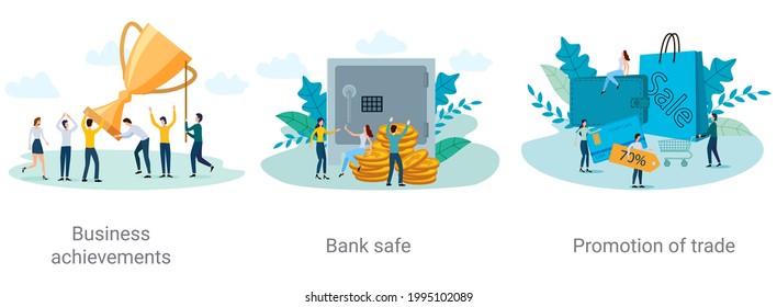 Business achievements, bank storage, trade promotion.A set of vector illustrations on the topic of business.Abstract illustrations.