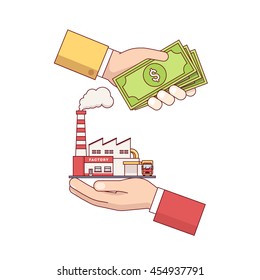 Business acquisition deal. Buying and selling factory for a money. Hands holding cash and production plant. Modern flat style thin line vector illustration isolated on white background.