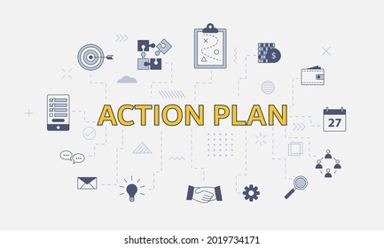 business action plan concept with icon set with big word or text on center