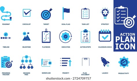 Business Action Plan Icon Set for Project Management, Strategic Roadmap, Execution Workflow, and Goal Setting. Flat Blue Vector Icons for Productivity and Task Tracking.