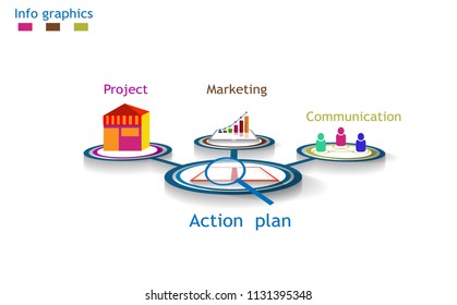 Business action plan info graphics, vector art and illustration, project, marketing and communication icons.