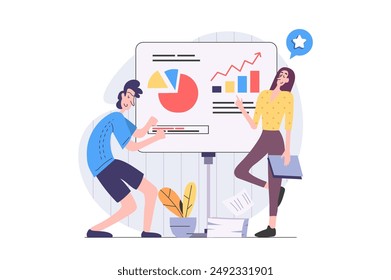 Business activities concept in modern flat design for web. Colleague businessman and businesswoman doing presentation with financial analytics, discussing tasks at work meeting. Vector illustration.