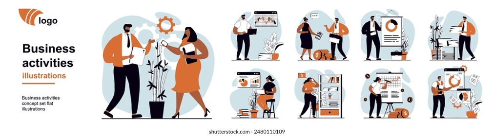 Business activities concept with people scenes mega set in flat web design. Bundle of character situation with discussing tasks, analyze data, develop project, create strategy. Vector illustrations.