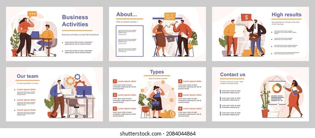 Business activities concept for presentation slide template. People performing tasks, analyze data, develop project, create success strategy. Vector illustration with flat persons for layout design