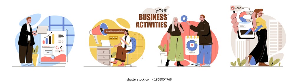 Business activities concept scenes set. Analysis of statistics, digital marketing, promotion in social networks. Collection of people activities. Vector illustration of characters in flat design