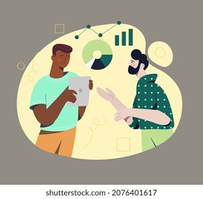 Business activities concept. Young men analyze data or information and develop strategy to promote company. Employees study statistic and discuss project. Cartoon contemporary flat vector illustration