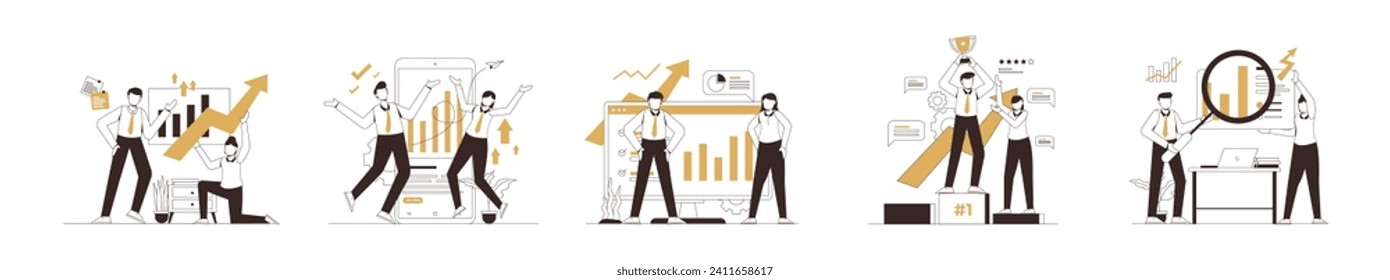 Conjunto de conjuntos de ilustraciones de actividades empresariales. hombres y mujeres que participan en actividades de trabajo en equipo. empleados de oficina resolviendo problemas y trabajando juntos. ilustración de vector de concepto de negocio