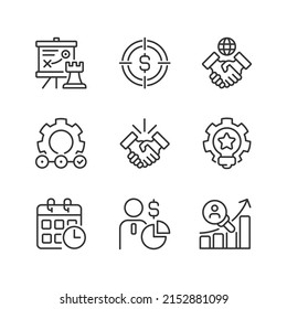 Business activities pixel perfect linear icons set. Strategic management. Customizable thin line symbols. Isolated vector outline illustrations. Editable stroke. Montserrat Bold, Light fonts used