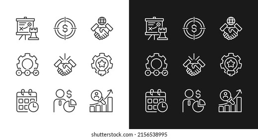 Las actividades de negocio los iconos lineales perfectos de píxeles se establecen para el modo oscuro y claro. Símbolos delgados para la noche, tema del día. Ilustraciones aisladas. Trazo editable. Montserrat Negrita, fuentes ligeras usadas