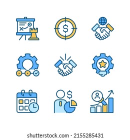 Business activities pixel perfect RGB color icons set. Strategic management. Isolated vector illustrations. Simple filled line drawings collection. Editable stroke. Montserrat Bold, Light fonts used