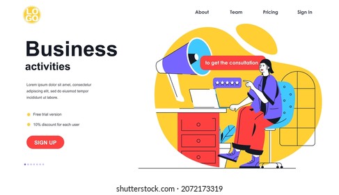 Business activities web banner concept. Businesswoman making advertising campaign, online promotion, get consultation, landing page template. Vector illustration with people scene in flat design