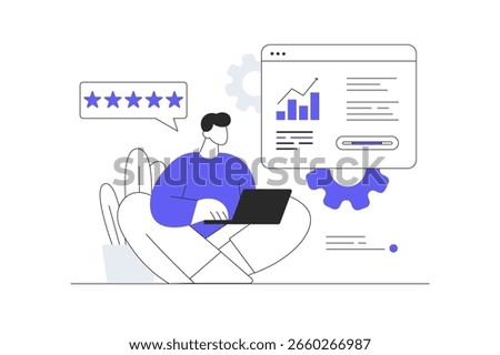 Business activities web. Businessman doing financial analytics and marketing research at laptop, analizing charts and graphs, doing paperwork. Flat Cartoon Vector Illustration, icon Stylish abstract 