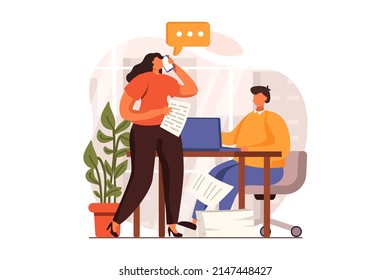 Business activities web concept in flat design. Woman manager consulting clients by phone and briefing employee at workplace. Businesspeople working at office. Vector illustration with people scene