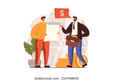 Concepto web de actividades de negocios en diseño plano. Los hombres discuten las tareas laborales, negocian sobre invertir en proyectos y negocian. Empresarios trabajando en la oficina. Ilustración vectorial con escena de personas