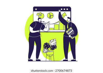 Business activities web concept with flat people for website design. Businessmen discussing presentation report with financial chart, planning investments, developing startup. Vector illustration.