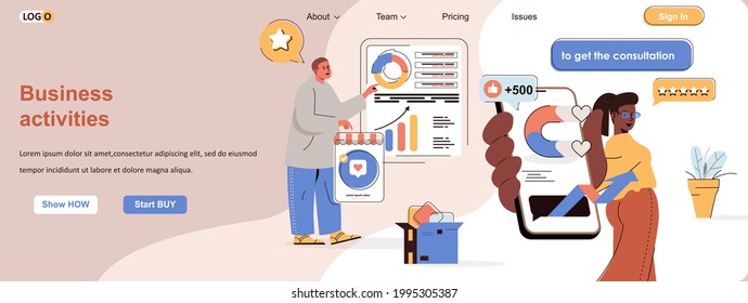Concepto web de actividades empresariales. Nuevo desarrollo de proyectos, análisis de datos, escenario de carrera. Plantilla de banner con diseño de caracteres de línea plana. Ilustración vectorial para materiales promocionales de medios sociales