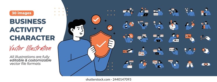 Business activity character illustration. Mega Set. Collection scenes of business, businessman, work, management, management, corporate, office activity. Vector Illustration