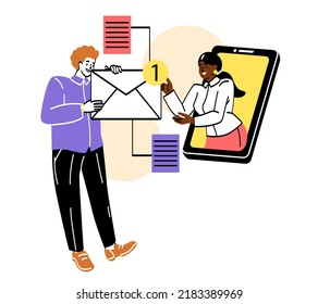 Business activity concept. Employees of company or colleagues communicate online and discuss project. Digital Marketing. Partnership and collaboration. Cartoon flat vector illustration in doodle style