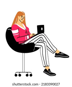 Business activity concept. Female entrepreneur or freelancer sits on comfortable chair and works on laptop. Remote worker performs projects or tasks. Cartoon flat vector illustration in doodle style
