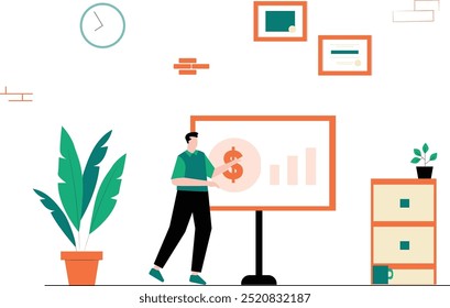 Business Activity Concept - Vector Illustration of a Professional Man Engaged in Various Office Tasks and Responsibilities.