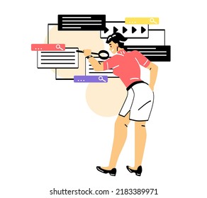 Business activity concept. Woman entrepreneur with magnifying glass in hand conducts marketing research and looking for information. Achieving success. Cartoon flat vector illustration in doodle style