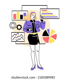 Business activity concept. Woman entrepreneur or financial consultant analyzes data or statistics. Character studying graphs and charts of company. Cartoon flat vector illustration in doodle style