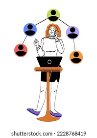 Business activity concept. Woman entrepreneur holds smartphone and makes business calls to partners. Manager communicates with colleagues or clients remotely. Cartoon flat vector illustration