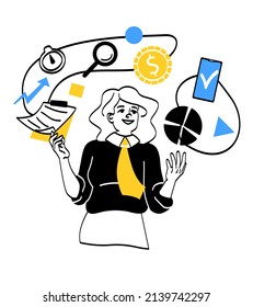 El concepto de actividad empresarial. Las jóvenes empresarias realizan tareas y desarrollan empresas. Administración de tiempo efectiva o multitarea. Aumentar las ganancias. Dibujo vectorial plano de caricatura en estilo doodle