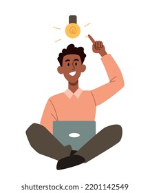 Business activity concept. Young male entrepreneur with laptop develops new creative idea and points to light bulb. Thinking and brainstorming. Startup launch. Cartoon flat vector illustration