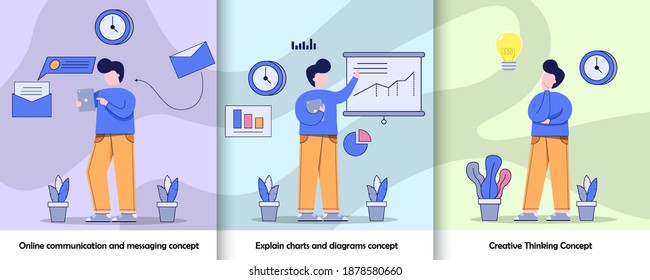 Business Activity Graphic Set Online Communication and messaging concept, Explain chart and diagrams concept, Creative thinking concept Vector Illustration Design Flat