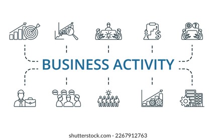 Juego de iconos de actividad comercial. Colección de iconos Monocromo simple de la actividad comercial. Objetivo comercial, Evaluación comparativa, Formación de ideas corporativas, Estrategia corporativa, Consultoría empresarial, Ejecutivo, Discusión