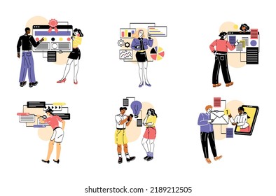 Business activity. Male and female entrepreneurs analyze financial statistics, plan development strategy, set goals and launch new projects. Cartoon flat vector collection isolated on white background