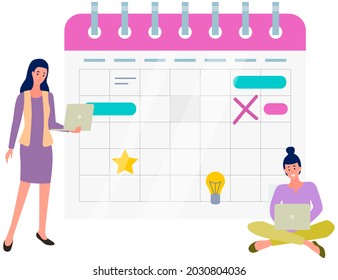 Business activity planning, time management flat vector concept Businesswomen, female office workers, company employees working with laptops, making tasks and appointment reminders in calendar