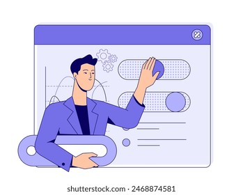 Business activity scene. Character optimizes search engines to attract customers and company growth. Strategy for development and success. Flat vector illustration isolated on white background