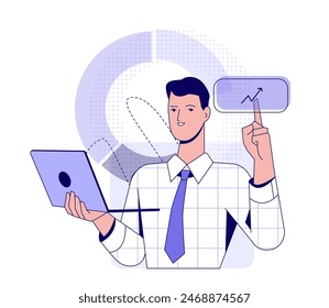 Business activity scene. Entrepreneur with laptop doing accounting and analyzing graphs. Investing, financial success and profit growth. Flat vector illustration isolated on white background